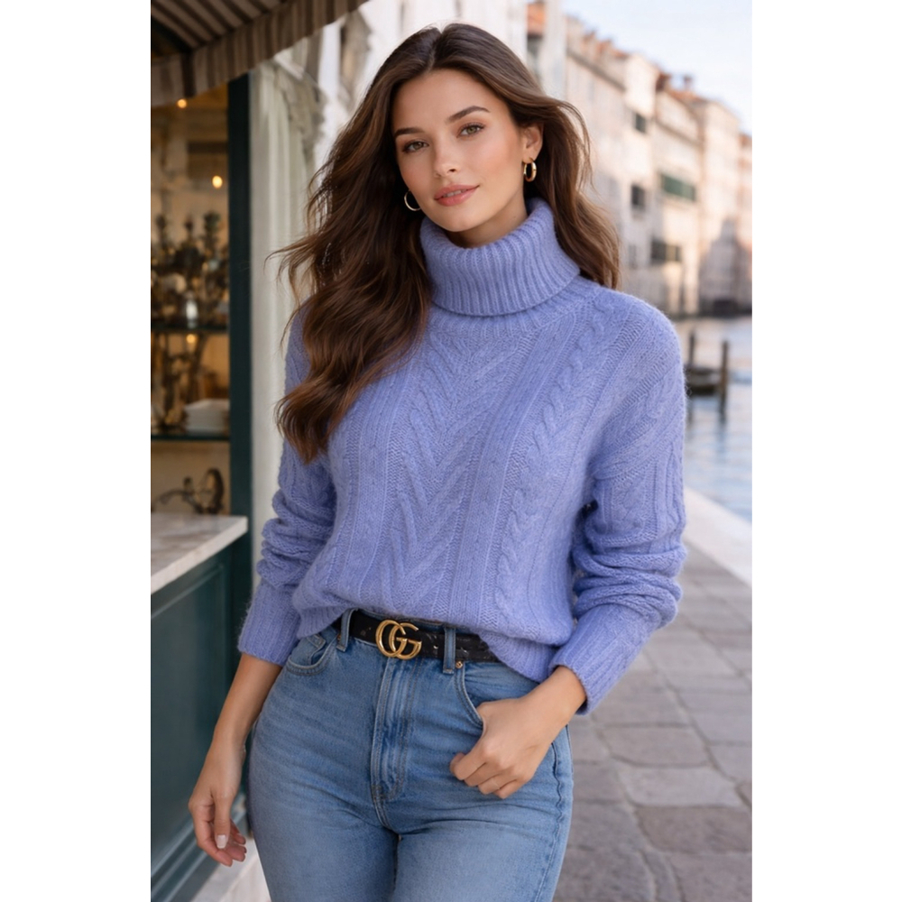 Industry Blue Cable Knit Turtleneck Cropped Sweater Buttery Soft Luxe Clean Girl